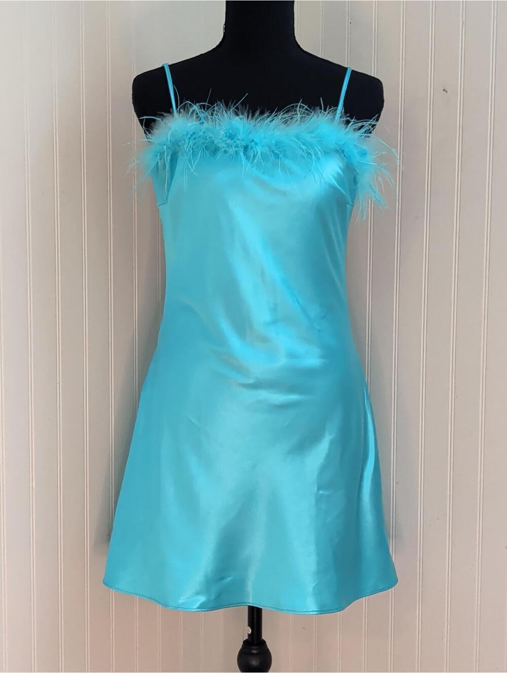 Thirty Thirty Aqua Blue Satin Mini Slip Dress Feather Trim Party Size S